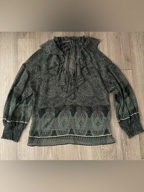 Alice + Olivia Dark Green and Black Ruffle-Tie Julius Blouse